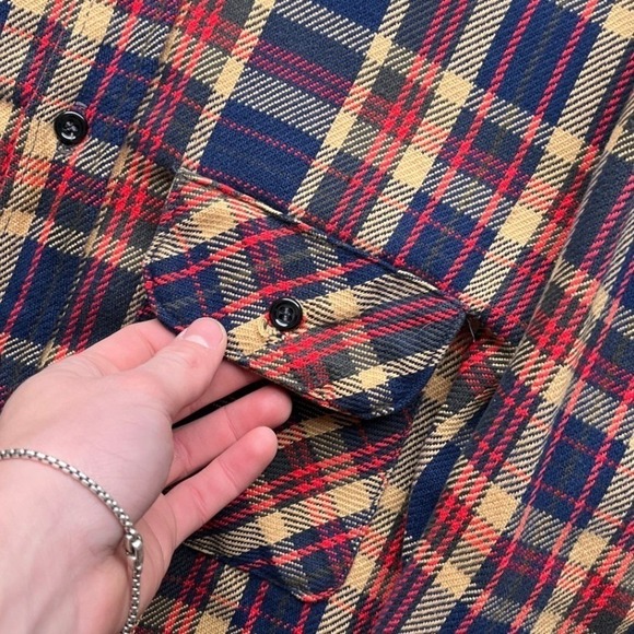 VTG 70s BIG MIKE Vintage Plaid Flannel Shirt Men Made in USA Red Blue Tan L - Picture 5 of 8